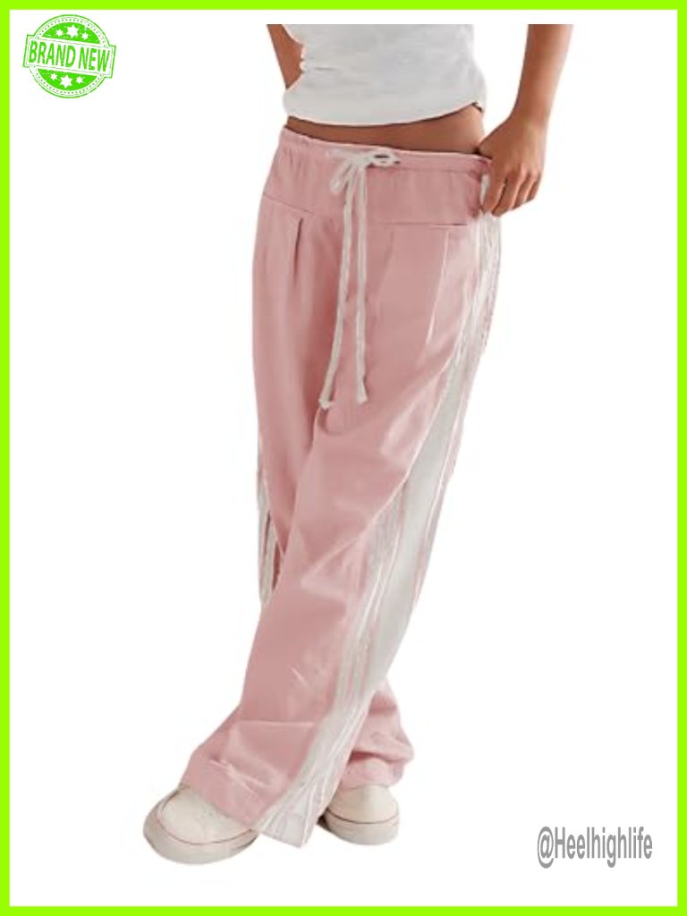 Wide Leg Palazzo Pants Drawstring High Rise Side Striped With Pockets